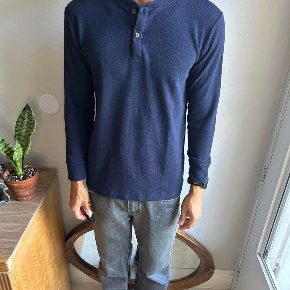 Place Thermal Henley Shirt Mens Small Navy Blue Waffle Long Sleeve S